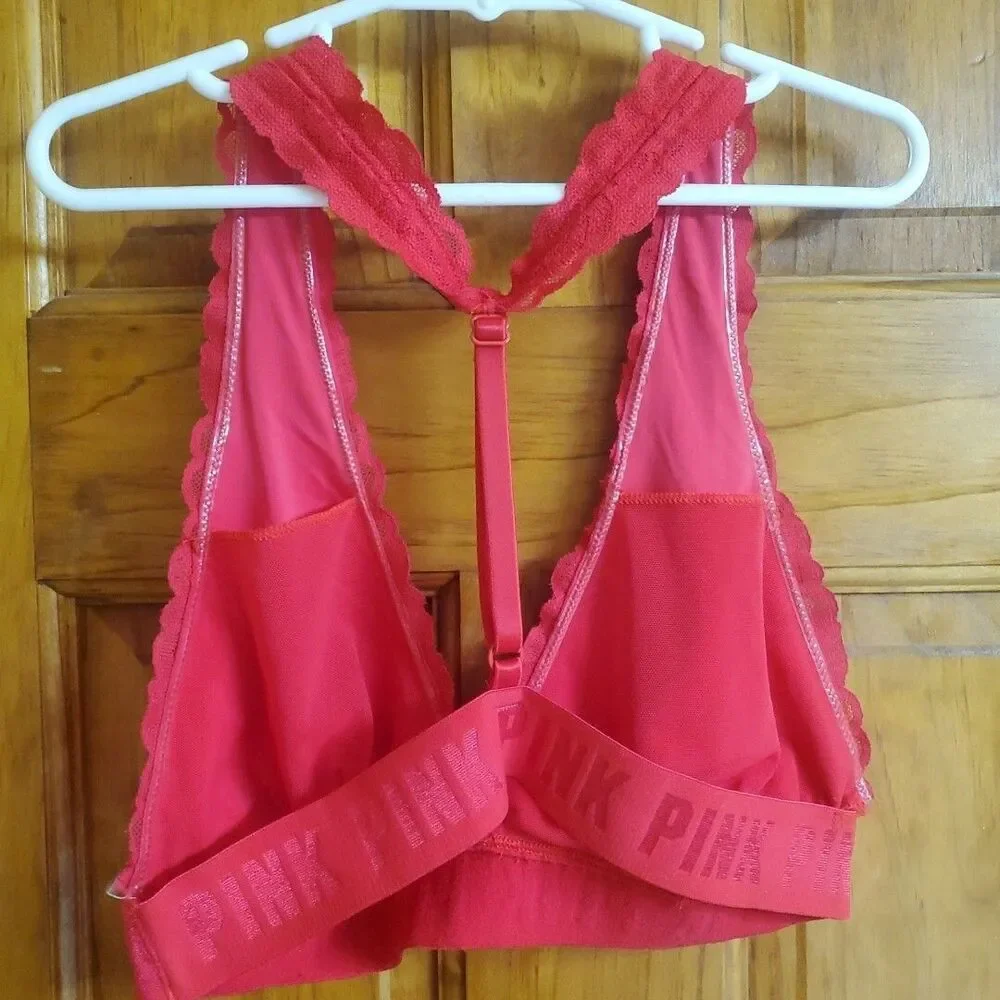 PINK Medium Bralette Womens Red Lace Racerback Logo‎ Band Intimates Lingerie
